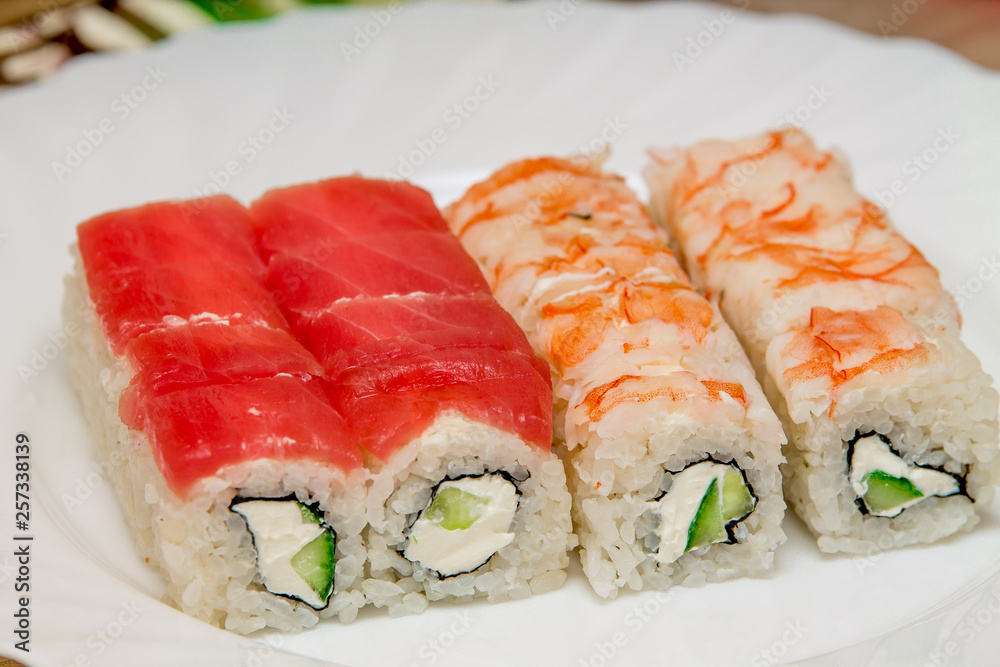 Fresh Food Portion of Japanese Sushi Rolls. Close Up Fresh Food Portion of Japanese Sushi Rolls. Close Up