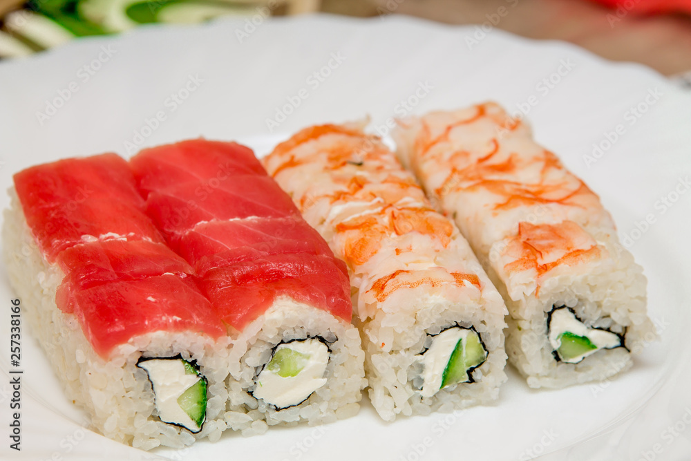 Fresh Food Portion of Japanese Sushi Rolls. Close Up Fresh Food Portion of Japanese Sushi Rolls. Close Up