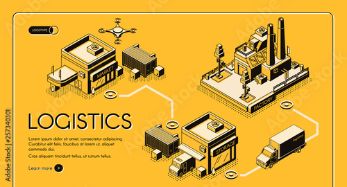 Business logistics service isometric vector web banner, landing page. Delivery drone and truck transporting goods from factory to storage and market illustration. Company supply chain infographics