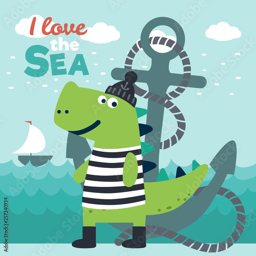 Funny dinosaur in sailor costume with stripped shirt and sailor hat. Cute dinosaur with ships anchor and rope