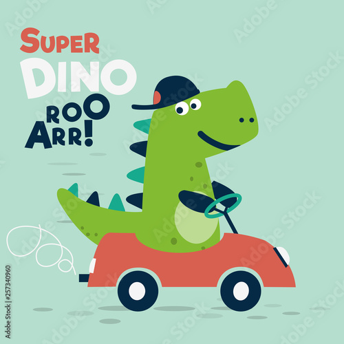 Fototapeta Naklejka Na Ścianę i Meble -  Funny, cute dinosaur with car
