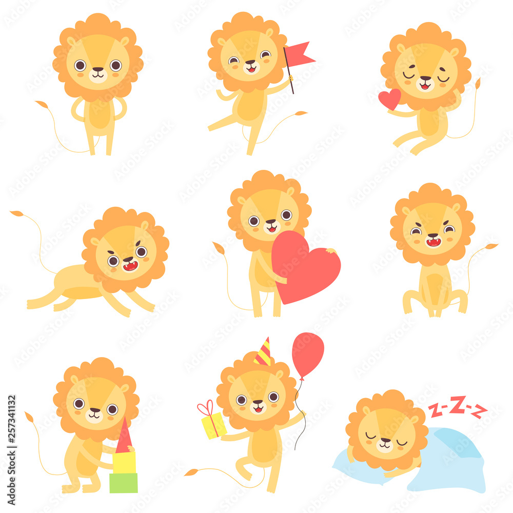 Cute Lion in Different Situations Set, Adorable African Animal Cartoon Character Vector Illustration Cute Lion in Different Situations Set, Adorable African Animal Cartoon Character Vector Illustration