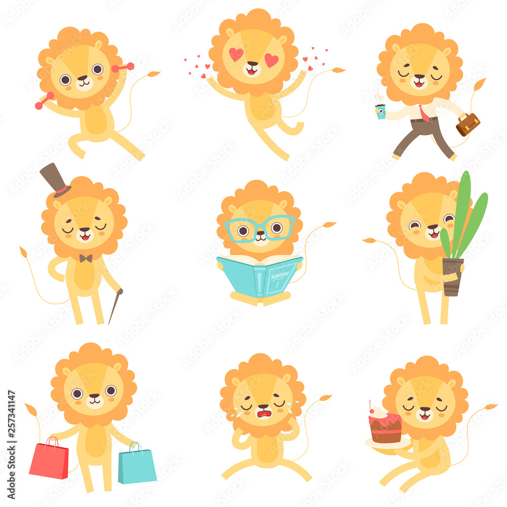 Cute Little Lion Set, Funny African Animal Cartoon Character in Different Situations Vector Illustration Cute Little Lion Set, Funny African Animal Cartoon Character in Different Situations Vector Illustration