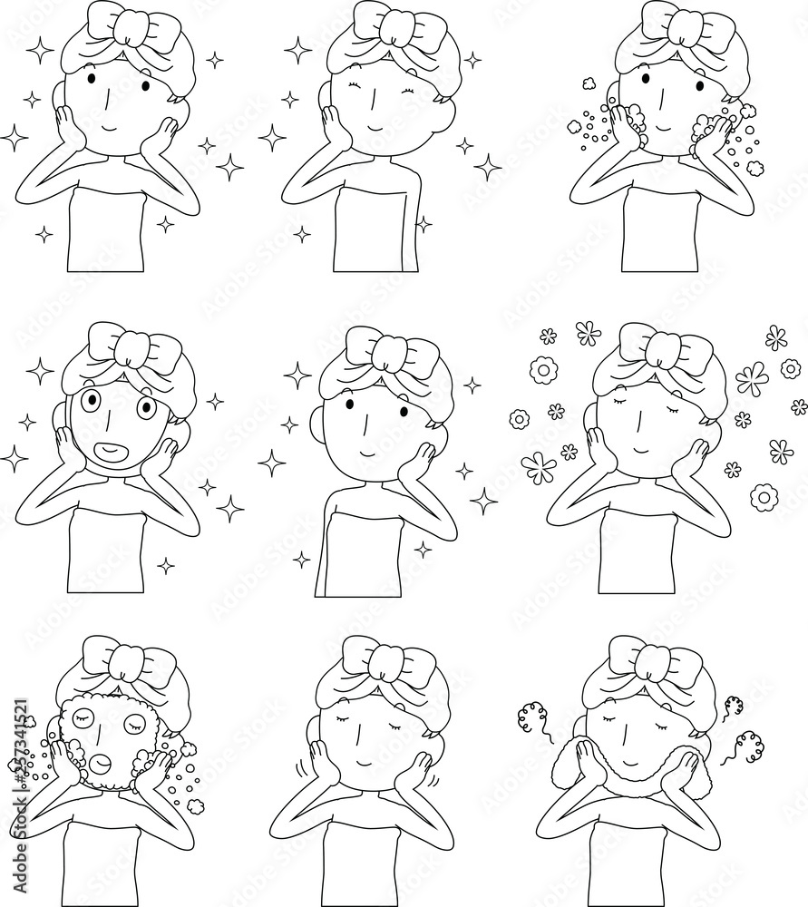 Illustration of a cute lady who is washing the face as after bathing outline set