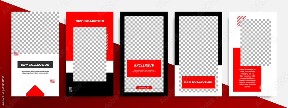 Modern minimal square stripe line shape template in red, black and white color with frame. Corporate advertising template for social media stories, story, business banner, flyer, and brochure.