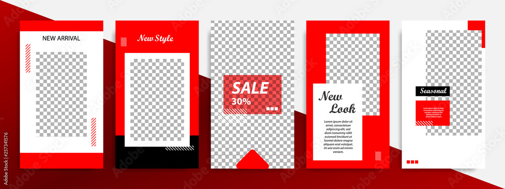 Modern minimal square stripe line shape template in red, black and white color with frame. Corporate advertising template for social media stories, story, business banner, flyer, and brochure.