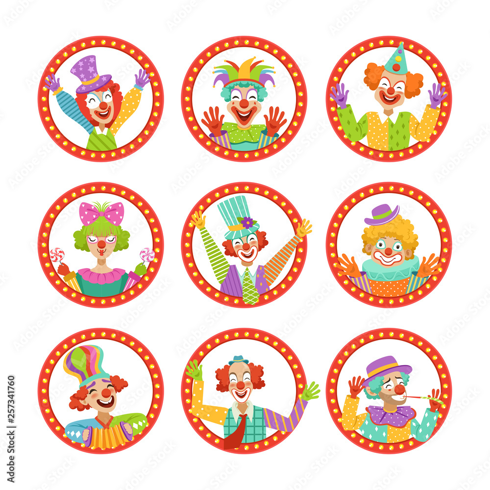 Clown Faces Set, Funny Circus Characters Vector Illustration