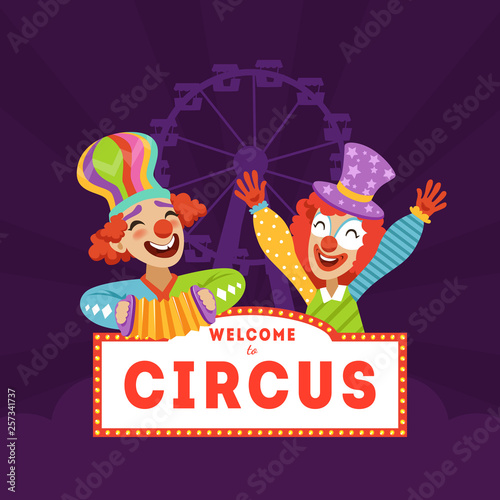 Welcome to Circus, Circus Banner Template with Funny Clowns Vector Illustration