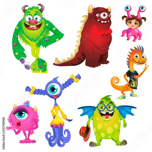 Set of cute kind smiling animated monsters isolated on white background. Vector cartoon close-up illustration.