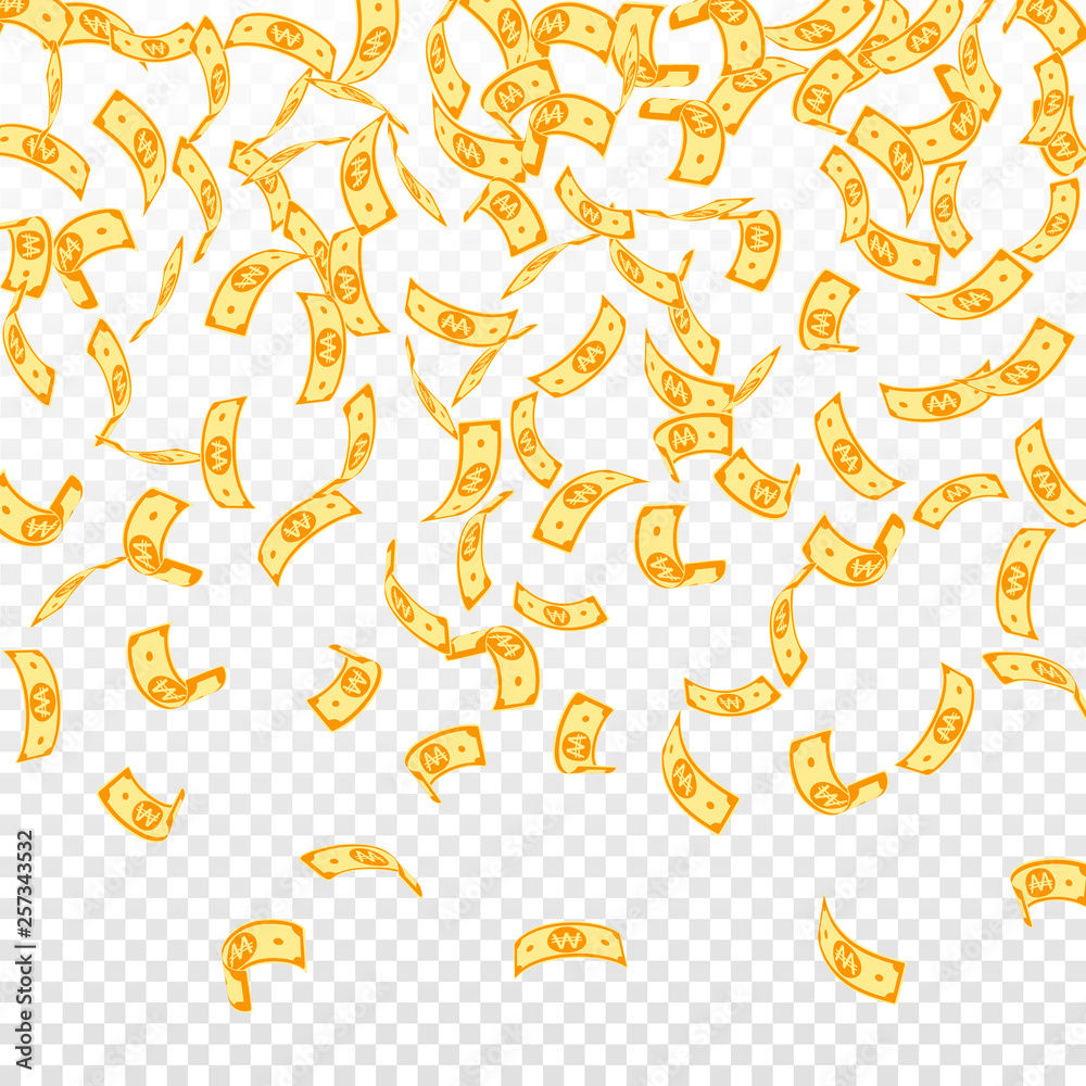 Korean won notes falling. Sparse WON bills on tran Korean won notes falling. Sparse WON bills on tran