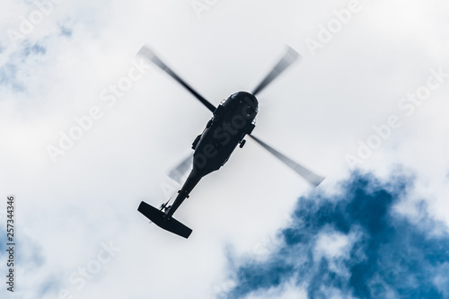 Flight of the helicopter,on sky background