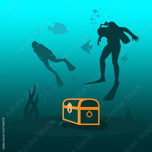 Silhouette of diver. Underwater world background. Underwater landscape with sunken ship and treasure chest. Marine life and fauna.
