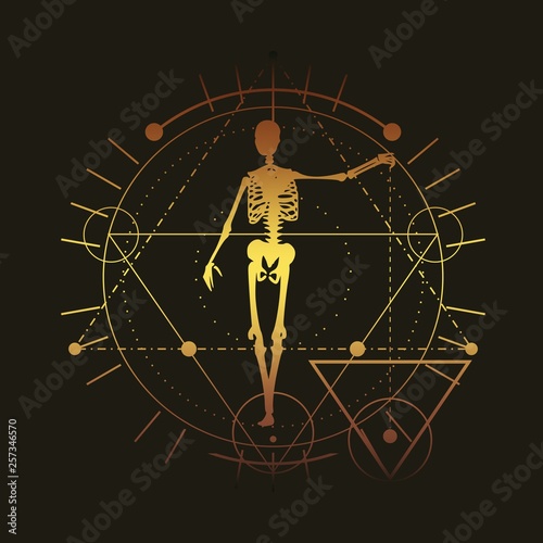 Mystery, witchcraft, occult and alchemy tattoo sign. Mystical vintage gothic geometry thin lines symbol with silhouette of a human skeleton