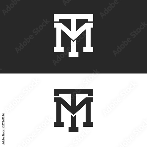 Monogram hipster initials TM logo letters set, overlapping two bold letters T M alliance, linear weaving mark MT for business card emblem
