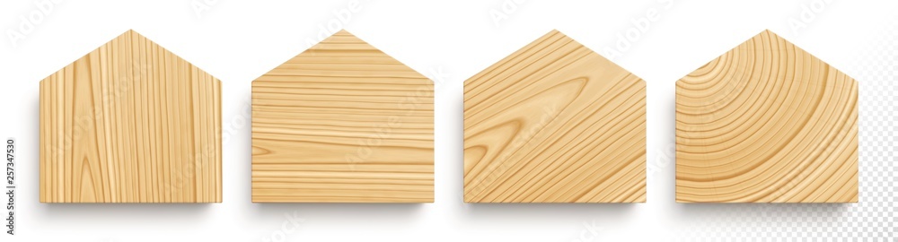 Set of wooden boards in shape of houses with different textures - obrazy, fototapety, plakaty 