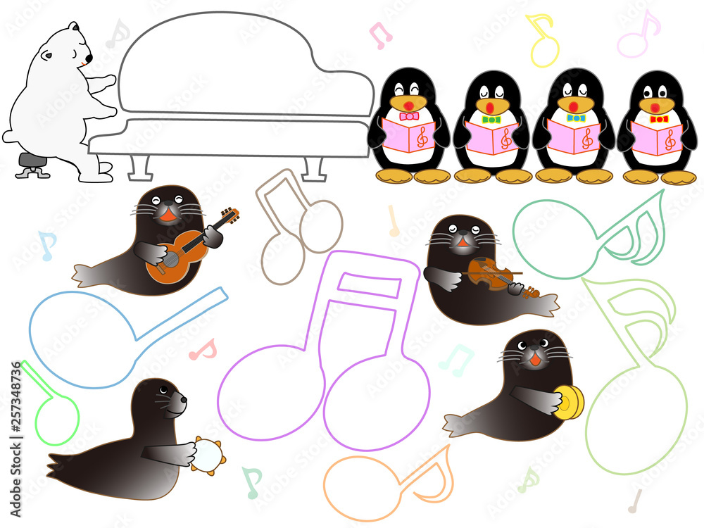 Obraz premium 水族館の動物のショータイム。ペンギンやアザラシ、イルカたちのコンサートです。