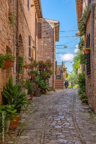 On the streets of Spello  picturesque village in Umbria  province of Perugia  Italy.