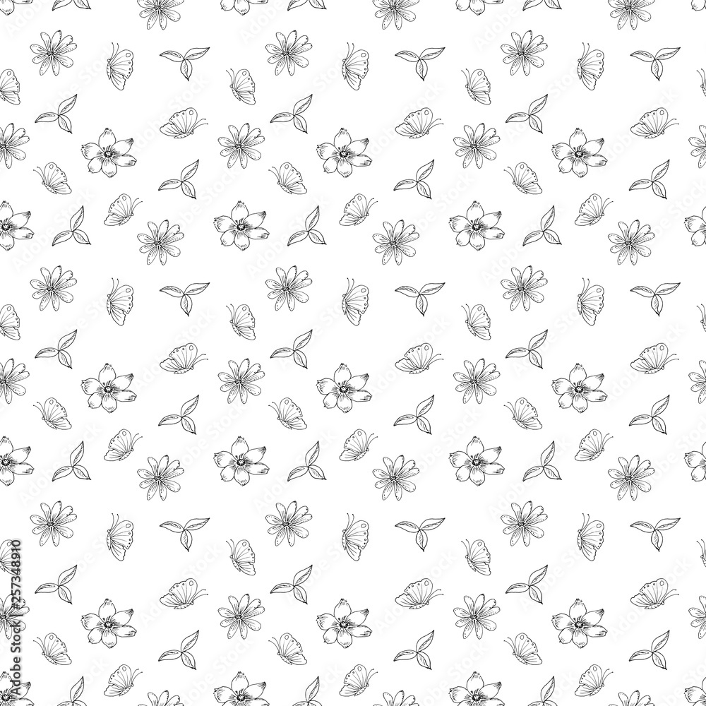 Fototapeta premium illustration of black and white pattern nature plants flowers insects