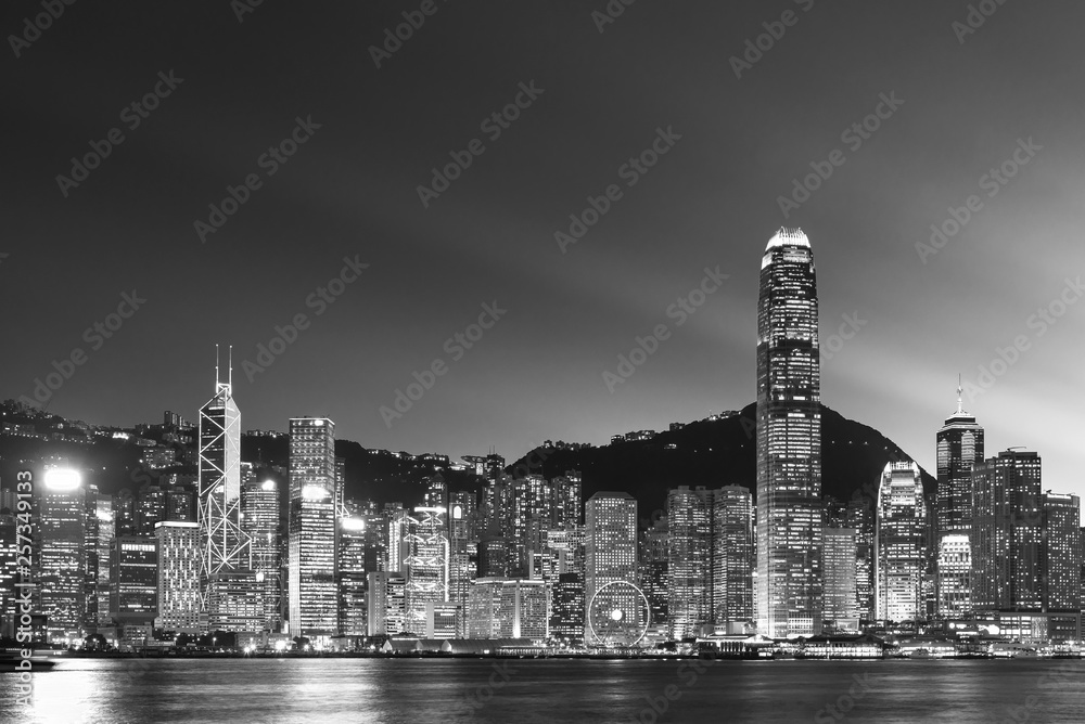 Victoria Harbor in Hong Kong city at dusk