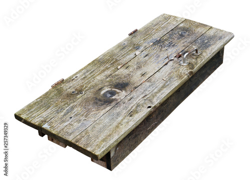 Wooden table decktop made  from old aged door isolated photo