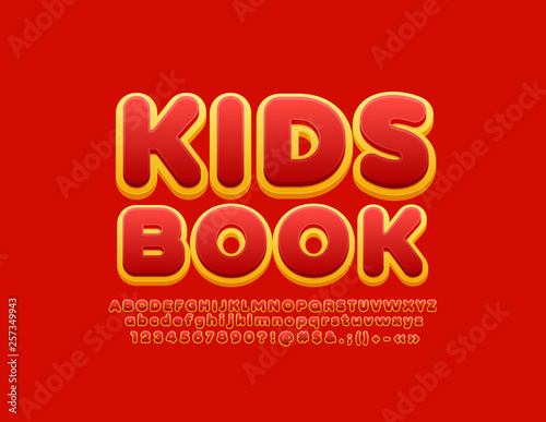Vector funny logo Kids Book with trendy Font. Cute Red and Yellow Alphabet Letters, Numbers and Symbols