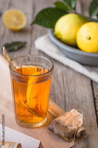 Tea in a glass cup lemon , retro 
