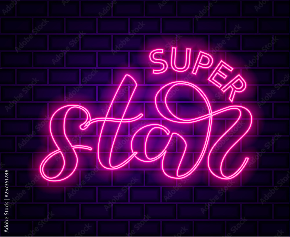 Brick background. Super Star neon lettering. Vector illustration. Brick background. Super Star neon lettering. Vector illustration.