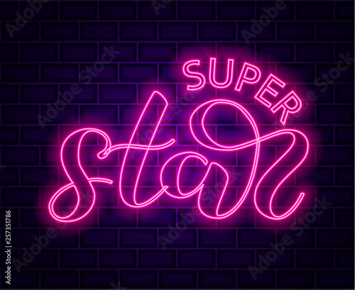 Brick background. Super Star neon lettering. Vector illustration.