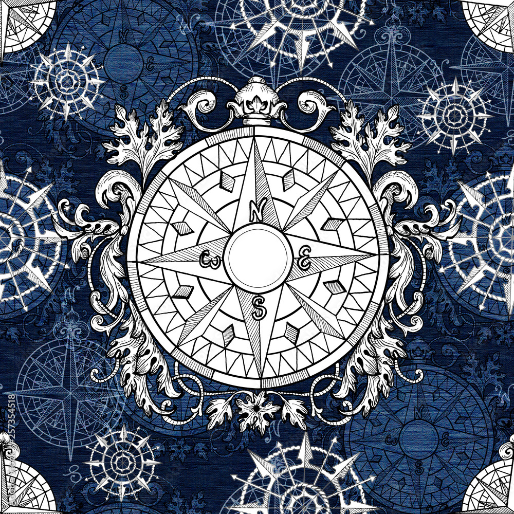 Seamless pattern with old victorian baroque compass silhouettes on blue texture. Graphic nautical illustration, historical adventure concept, vintage transportation background