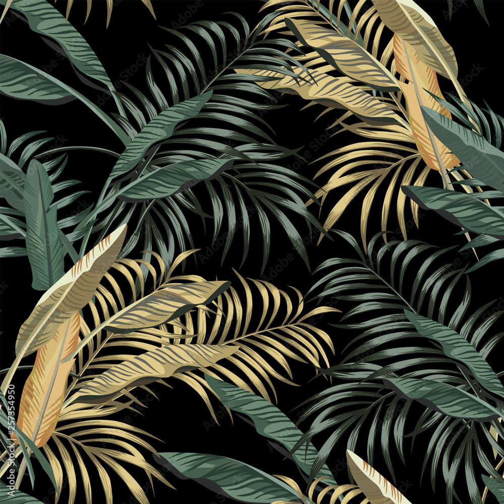 Tropical banana leaves seamless black background Stock Vector | Adobe Stock