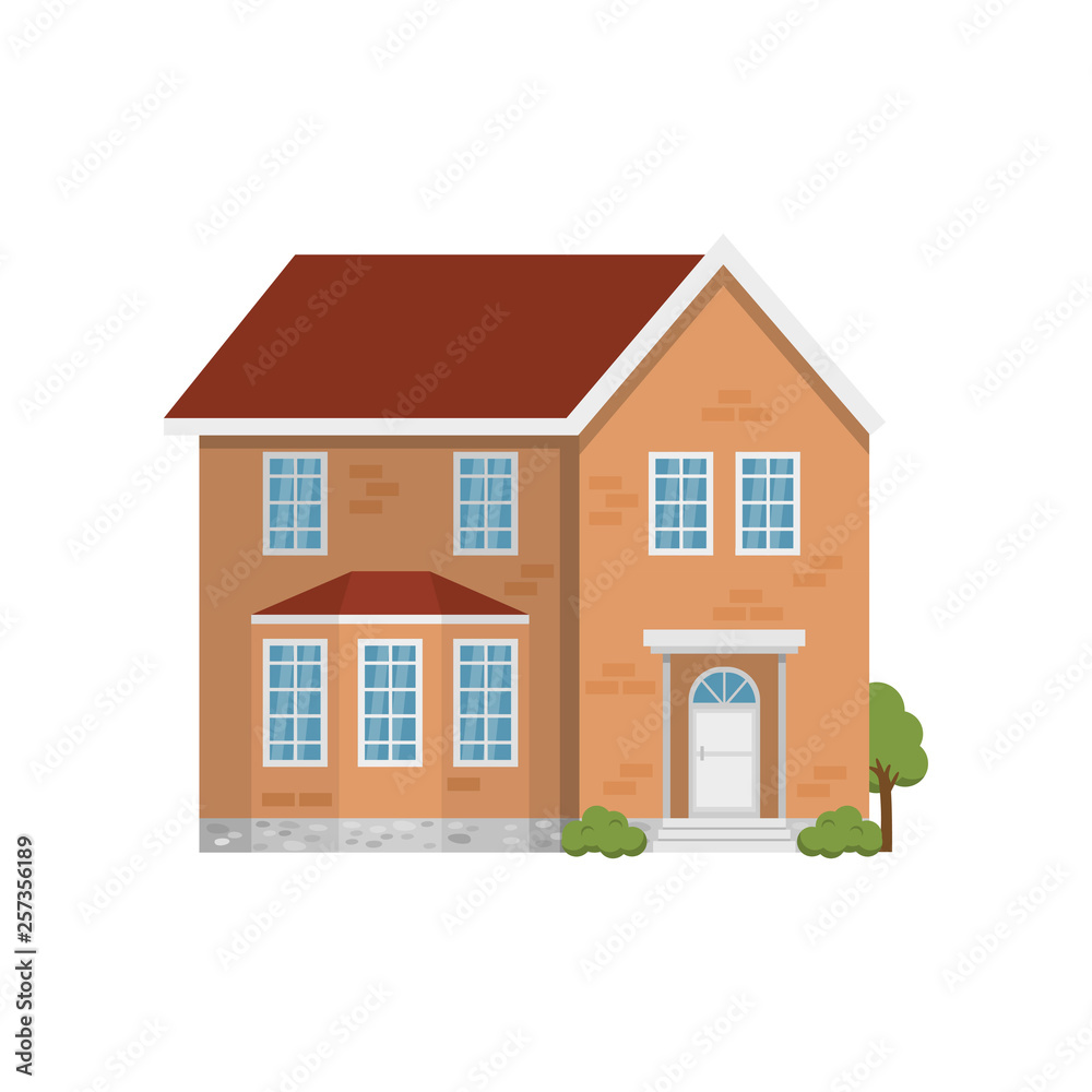 Classic two-storey red brick house isolated on white background