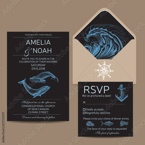 Wedding Card with whale. Colorful vector illustration with wildlif animals. Save the date invitation.