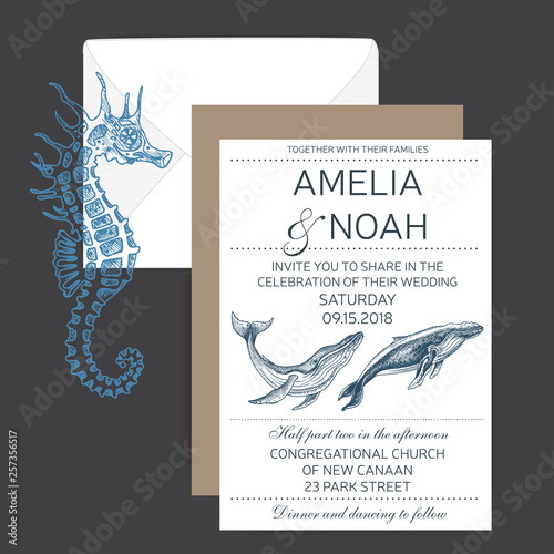Wedding Card with whale. Colorful vector illustration with wildlif animals. Save the date invitation.