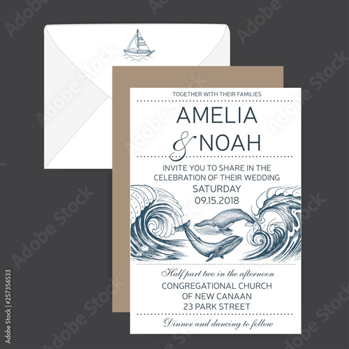 Wedding Card with whale. Colorful vector illustration with wildlif animals. Save the date invitation.
