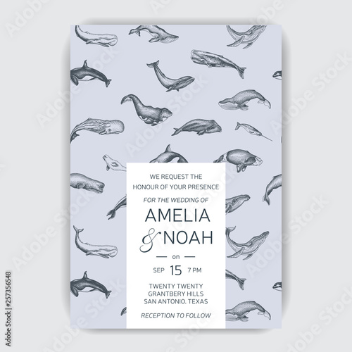 Wedding Card with whale. Colorful vector illustration with wildlif animals. Save the date invitation.
