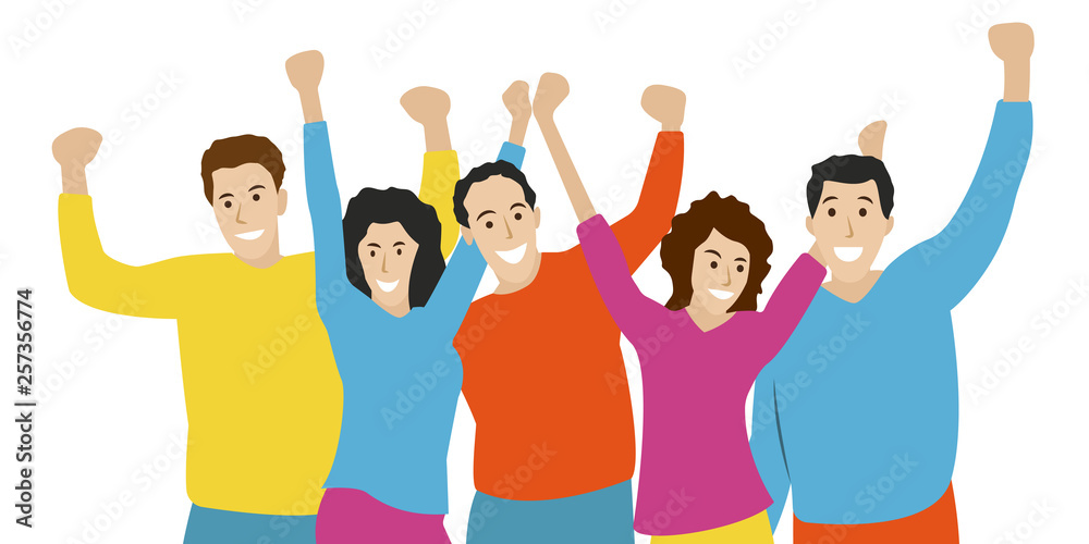 Fototapeta premium Happy people standing together and embracing each other. Group portrait of friends. Smiling and lathing men and women rising Hands up. Friendship, celebration, joy and fun concept. Vector illustration