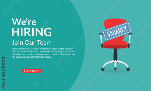 We are Hiring banner. Hire for the Job concept. Empty Office Chair with a Vacancy sign. Vector illustration.