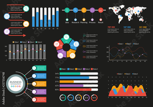 Infographic elements set. Infographics Dashboard template with graph, flow chart, diagram. Business report and presentation design. Modern UI graphic data. Vector illustration.