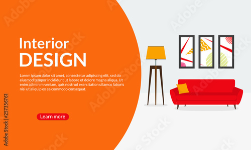 Interior design banner for furniture sale with sofa, pictures on the wall and lamp. Living room interior. Vector illustration.
