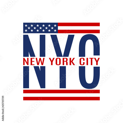 New York City text. NYC typography design with American flag. Tee, T-Shirt, Sport, Athletic graphics. Vector illustration.
