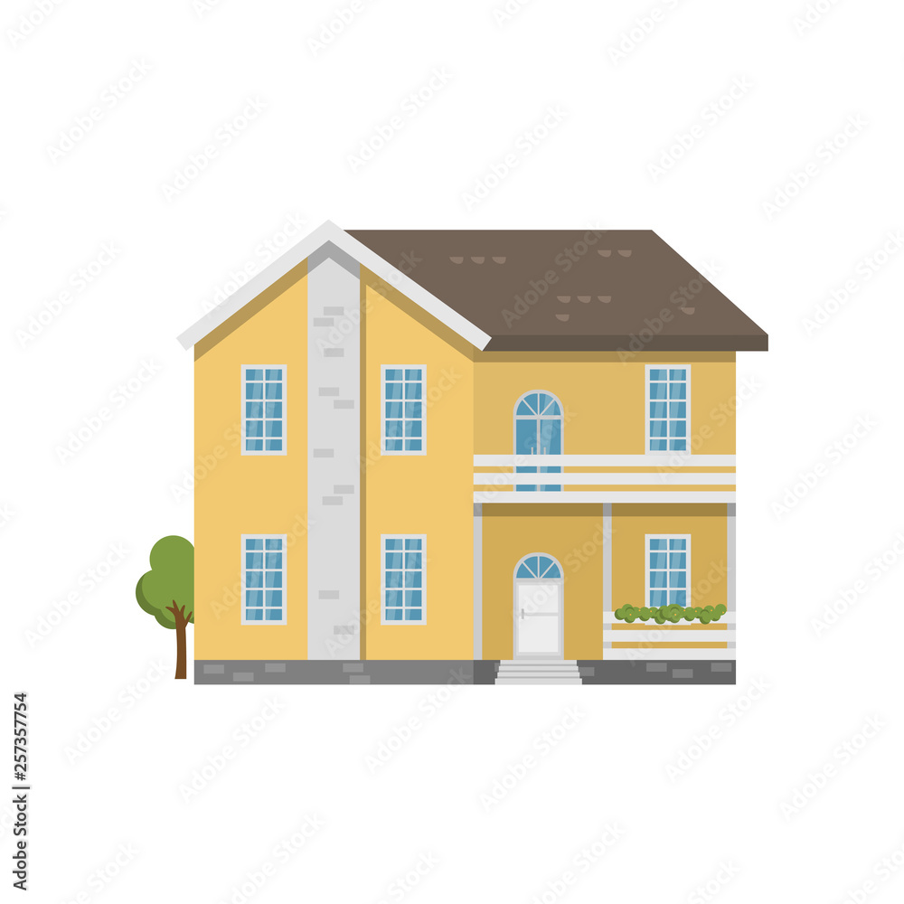 Yellow brick two-story house with balcony above entrance isolated on white background Yellow brick two-story house with balcony above entrance isolated on white background