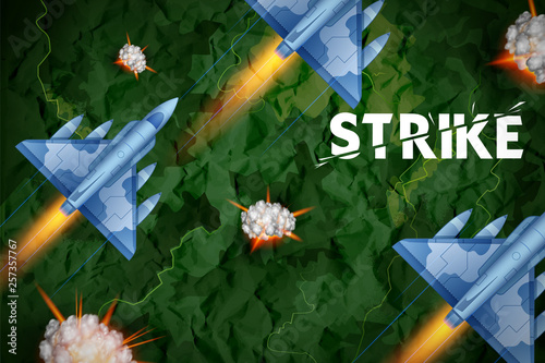 illustration of air strike with jet planes firing bomb