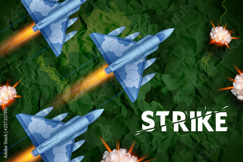 illustration of air strike with jet planes firing bomb