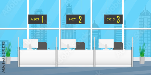 Bank inside with counter desk windows. Front office concept. Financial, Consulting, Currency Exchange or Insurance center interior. Vector illustration.