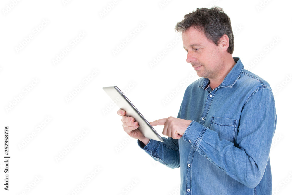 Man handsome holding tablet in white background and copy space Man handsome holding tablet in white background and copy space