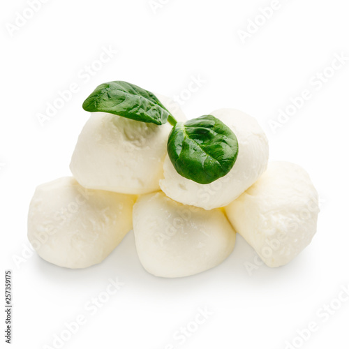 Mozzarella cheese and basil on white