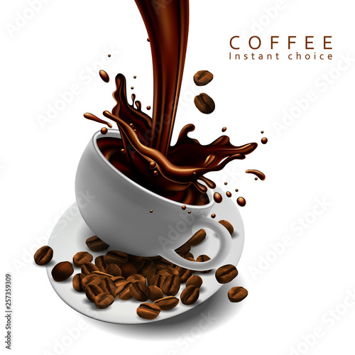 Coffee advertising design with cup of coffee and splash effect. 3D vector. High detailed realistic illustration,
