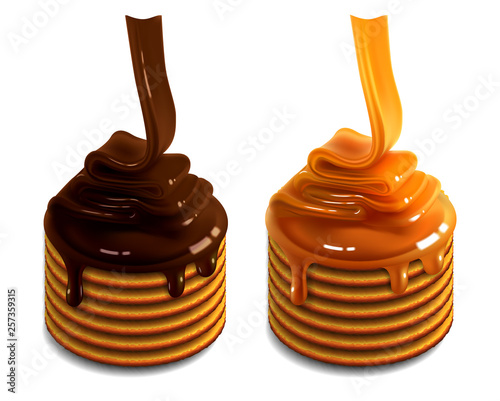 Two piles of waffles poured with caramel and chocolate.  3D vector. High detailed realistic illustration,