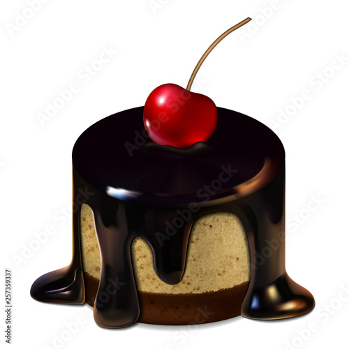 The cake is topped with chocolate icing and decorated with a cherry. 3D vector. High detailed realistic illustration