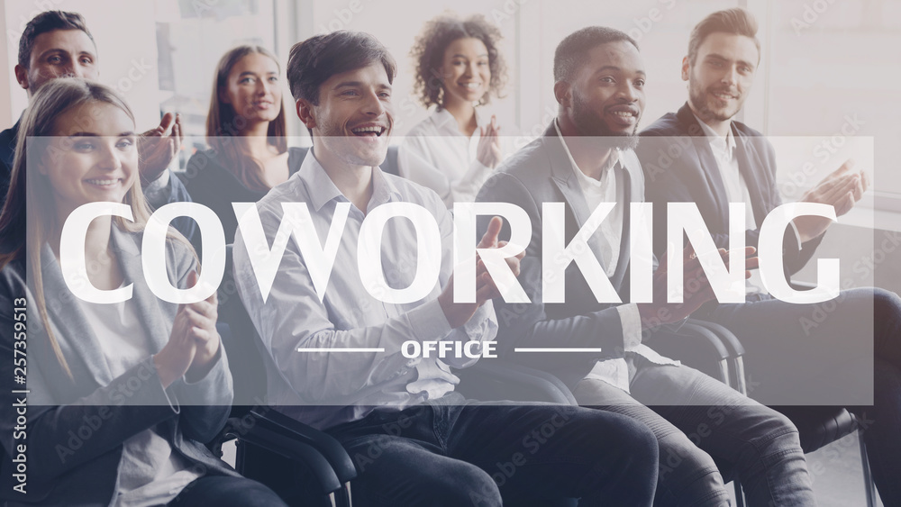 Coworking concept. Audience applauding after business training Coworking concept. Audience applauding after business training